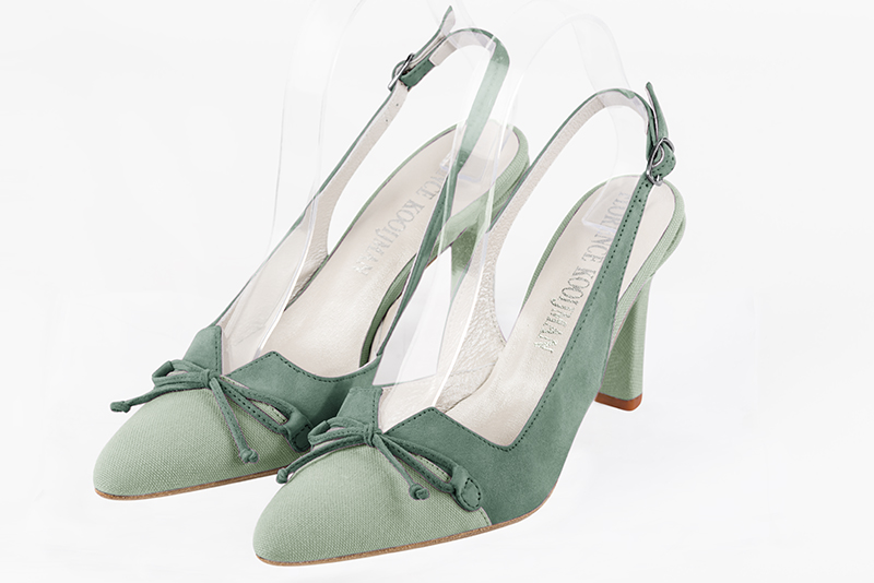 Mint green women's open back shoes, with a knot. Tapered toe. High slim heel. Front view - Florence KOOIJMAN